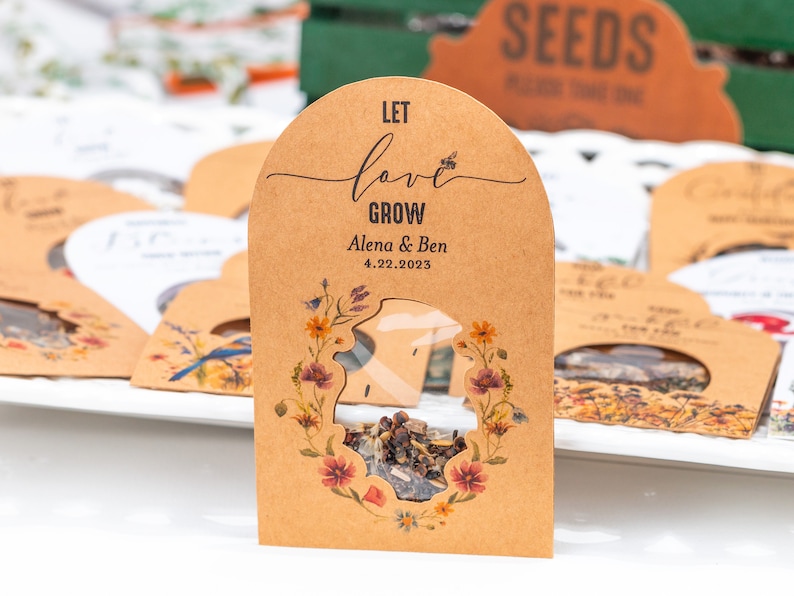 FAVORES DE PAQUETES DE SEMILLAS Deja que el amor crezca Boda Flores silvestres Ecológico personalizado Memorial Hecho a medida ShakerSeeds® 120K imagen 1