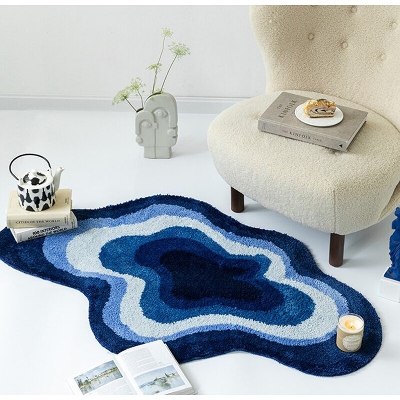 Royal Blue Abstract Rug Tufted Blue Wavy Rug Decorative Etsy