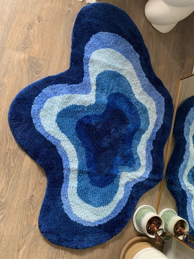 Royal Blue Abstract Rug Tufted Blue Wavy Rug Decorative Etsy