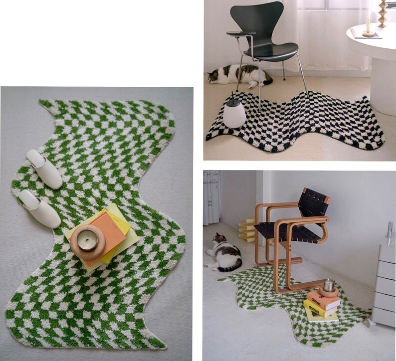 Tufted Checkered Wavy Rug Groovy Checkerboard Rug Etsy