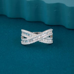 Diamond Ring / 1.45ctw 14k Gold Criss Cross Baguette and Round Brilliant Micro Pave Cocktail Ring,Baguette Crossover Ring