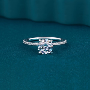 Pave Set Side-Stone Round Moissanite Engagement Ring / 925 Solid Sterling Silver Moissanite Ring for Women / 1, 1.5, 2 CT Promise Ring