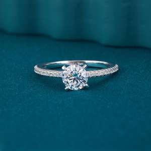 Pave Set Side-Stone Round Moissanite Engagement Ring / 925 Solid Sterling Silver Moissanite Ring for Women / 1, 2 CT Promise Ring For Her