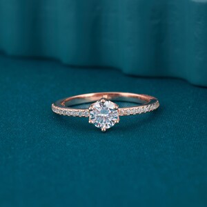 Pave Set Side-Stone Round Moissanite Engagement Ring / 14k Solid Gold Moissanite Ring for Women,Classic 4-Prong Whisper Thin Solitaire Ring