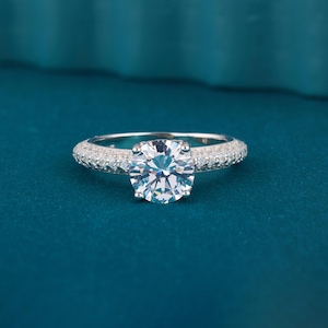 Pave Set Side-Stone Round Moissanite Engagement Ring / 14k Solid Gold Moissanite Ring for Women,Round Cocktail Ring