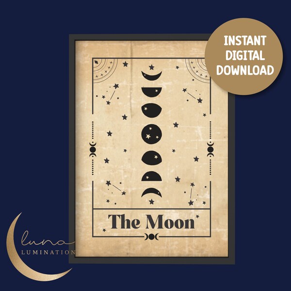 The Moon Tarot Card Digital Download File | Printable Posters | Wall Art | Home Decor | Unique Designs | Mystical Magical Sparkle