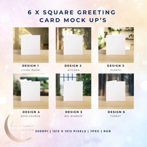 6 x vierkante wenskaart mock-up jpegs, moderne, eenvoudige, vierkant gevouwen kaarten. Mock-ups met hoge resolutie afbeelding van de uitnodiging. Stock Afbeeldingen.