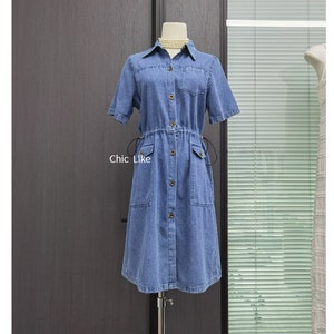 Loose Casual Denim Midi Dress Women, Elastic Waist Denim Shirt Dress, Midi Dress with Pockets, Short Sleeve Denim Dress US Size S-2XL
