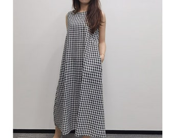 Midi Dress women, Sleeveless Plaid Dress, Midi Dress with Pockets, Crew Neck Midi Dress, Loose Casual Midi Dress, US Size XS-1XL