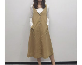 Midi Dress Women, Midi Dress with Pockets, Cotton Linen Dress，Sleeveless Midi Dress, V Neck Dress, Casual Midi Dress, US Size XS-L