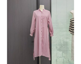 Midi Dress Women, Cotton Linen Shirt Dress, Midi Dress with belt, Long Sleeve Cardigan dress with Pockets, Spring Fall Coat, US Size XS-L