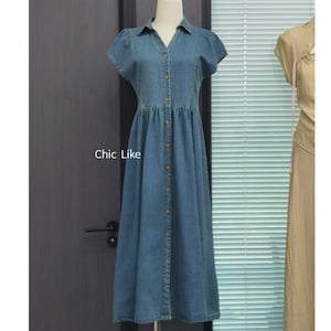 Denim Midi Dress Women, V Neck Midi Dress, Denim Dress with Sleeves, Button Front Denim Dress, Blue Midi Dress, US Size XXS-XL