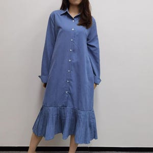 Midi Dress Women, Shirt Dress with Long Sleeves, Casual Loose Dress with Button Front, Collared Dress, Blue Dress, US Size XS-1XL