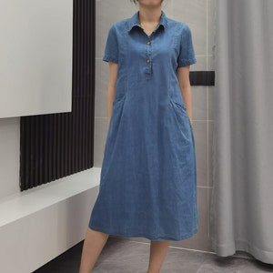 Vestido vaquero midi para mujer, vestido camisero midi con bolsillos, vestido vaquero de manga corta, vestido informal midi, vestido midi con cuello, tallas de EE. UU. XS-XL