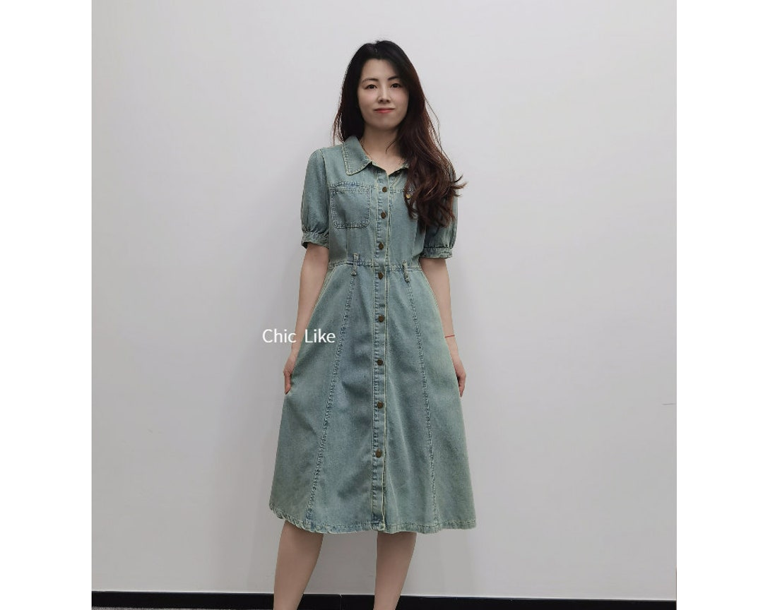 My Way One Shoulder Denim Maxi Dress – A-Line Midi Dress with Front Pockets