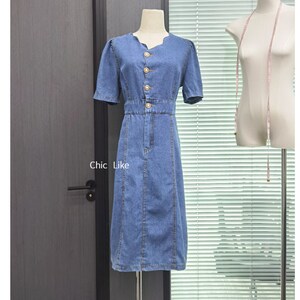 Vestido midi de mezclilla para mujer, vestido midi de mezclilla con bolsillos, vestido de mezclilla de manga corta, vestido midi de mezclilla con cuello en V, talla estadounidense XXS-1XL