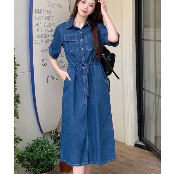 Denim Midi Dress Women, Shirt Denim Dress, Elastic Waist Denim Dress, Denim Midi Dress with Pockets, Dress with Sleeves,  US Size XS-1XL