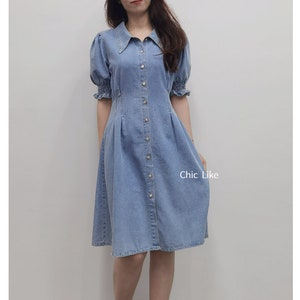 Vestido midi de mezclilla para mujer, vestido camisero de mezclilla con mangas abullonadas, vestido midi con cuello, vestido de cintura alta, vestido de mezclilla con botones en la parte delantera, talla de EE. UU. XXS-XL