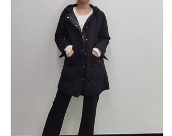 Winter Jacket Women,  Loose Fit Midi Coat With Pockets, Hooded Cotton Coat, Handmade Warm Winter Coat for Women, US Size XS-1XL