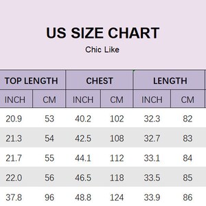 May include: US size chart for clothing with measurements in inches and centimetres. The chart includes sizes S (4-6), M (8-10), L (12-14), XL (16-18), and 1XL (20-22). Measurements are provided for top length, chest, length, and waist.