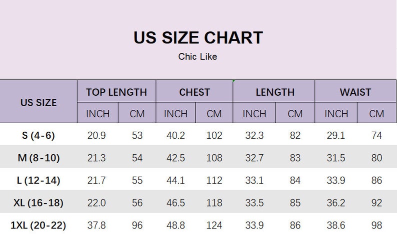 May include: US size chart for clothing with measurements in inches and centimetres. The chart includes sizes S (4-6), M (8-10), L (12-14), XL (16-18), and 1XL (20-22). Measurements are provided for top length, chest, length, and waist.