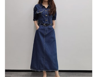 Women Spring Asymmetrical Dresses, Cotton Denim Midi Dress, Dress With  Pockets - Etsy
