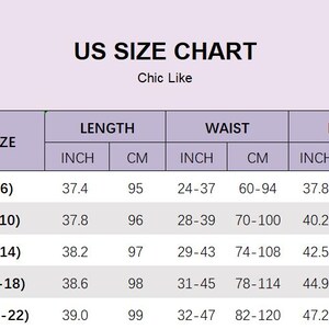 May include: US size chart for clothing with measurements in inches and centimeters. The chart shows sizes S (4-6) through 1XL (20-22) with corresponding length, waist, and hip measurements.