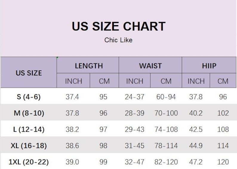 May include: US size chart for clothing with measurements in inches and centimeters. The chart shows sizes S (4-6) through 1XL (20-22) with corresponding length, waist, and hip measurements.