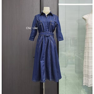 Vestido vaquero midi para mujer, con bolsillos, mangas, cuello y cinturón, tallas XS-XL (EE. UU.)
