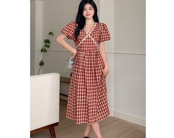 Women's Plaid Midi Dress, Puff Sleeve Plaid Dress, V Neck Midi Dress, High Waist Midi Dress, US Size S-1XL