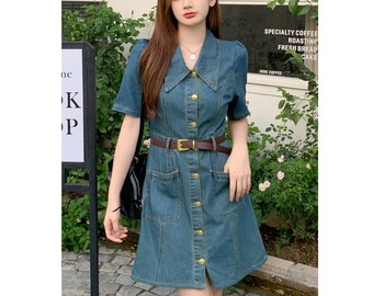 Denim mini dress women, Denim midi dress women, Belted denim dress, Denim dress with sleeves, denim dress pockets, US Size S-1XL