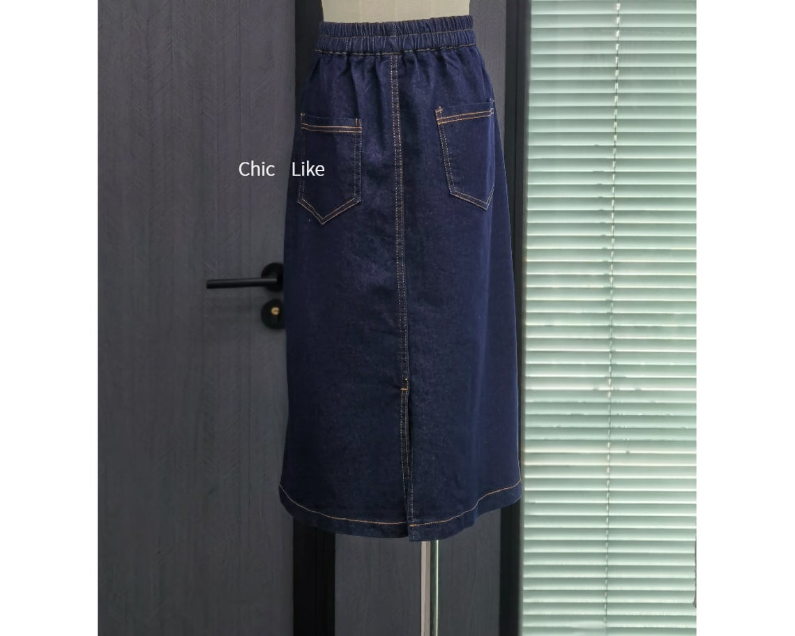 Women's Denim Midi Skirt, Denim Skirt With Pockets, High Waist Denim