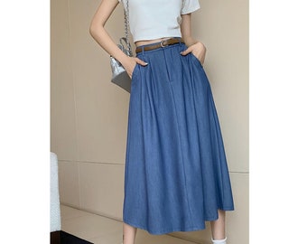 Denim skirt women, denim midi skirt with pockets, denim pleated skirt, belted denim skirt, US Size XXS-M