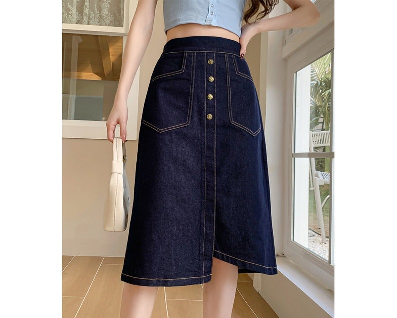 Women's Denim Midi Skirt, Denim Skirt With Pockets, High Waist Denim