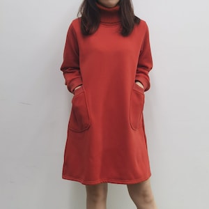 Women&#39;s Sweatshirt Dress, Winter Turtleneck Dress, Midi Dress with Pockets, Midi Dress Women, Everyday Loose Fit Dress, US Size XS-1XL