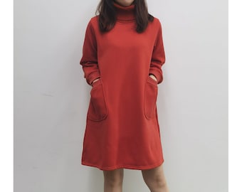 Damessweaterjurk, winterjurk met col, midi-jurk met zakken, midi-jurk dames, alledaagse losvallende jurk, Amerikaanse maat XS-1XL