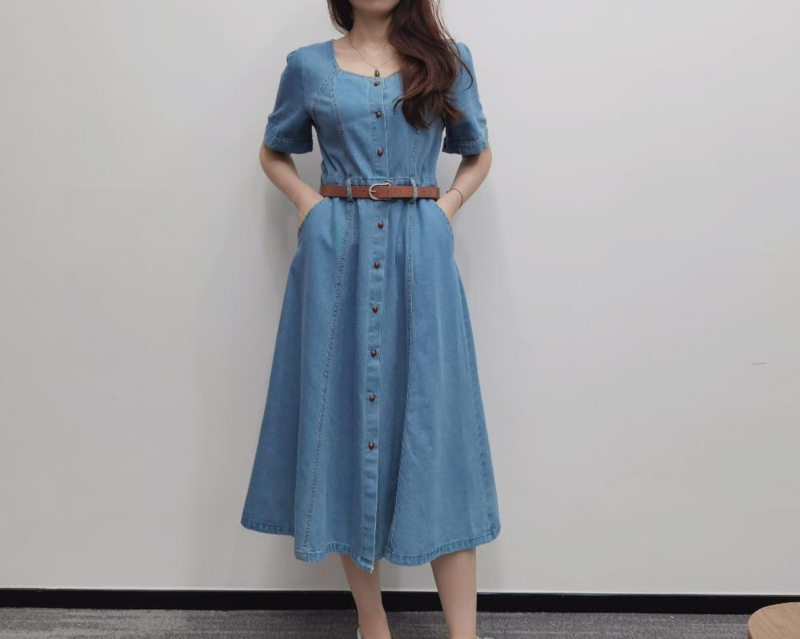 Denim Midi Dress Women Midi Dress With Pockets Short Sleeves Denim denim-midi-dress-women-midi-dress-with-pockets-short-sleeves-denim