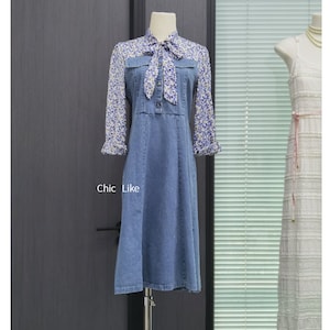 Midi Dress Women, Denim Dress Women, Print Block Denim Dress, Midi Dress with Sleeves, Button Front Denim Dress, US Size XXS-L