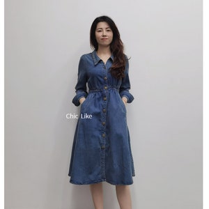 Retro Womens Long Denim Dress, Sleeveless Shirt Dress, A