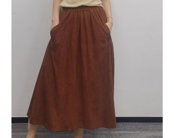 Midi Skirt Women, Autumn Winter Corduroy Skirt, Casual Corduroy Skirt, Elastic Waist Skirt, Corduroy Skirt with Pockets, US Size XXS-2XL
