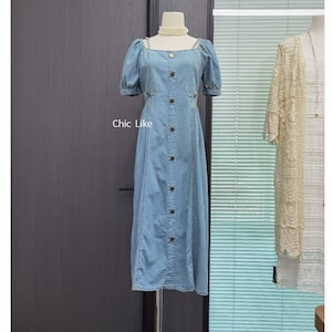 Vestido midi de mezclilla para mujer, vestido midi con mangas, vestido midi de escote cuadrado, vestido midi de mezclilla de cintura alta, vestido midi de mezclilla azul claro, tallas S-1XL (EE. UU.)