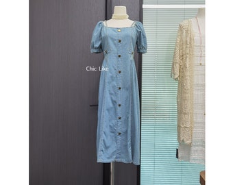 Denim Midi Dress Women, Midi Dress with Sleeves, Square Neck Midi Dress, High Waist Denim Dress,  Denim Midi Dress Light Bule, US Size S-1XL