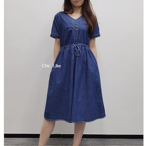 Vestido de mezclilla para mujer, vestido midi con cuello en V, vestido de mezclilla con bolsillos, vestido midi de manga corta, vestido midi de mezclilla con cintura elástica, talla S-2XL de EE. UU.