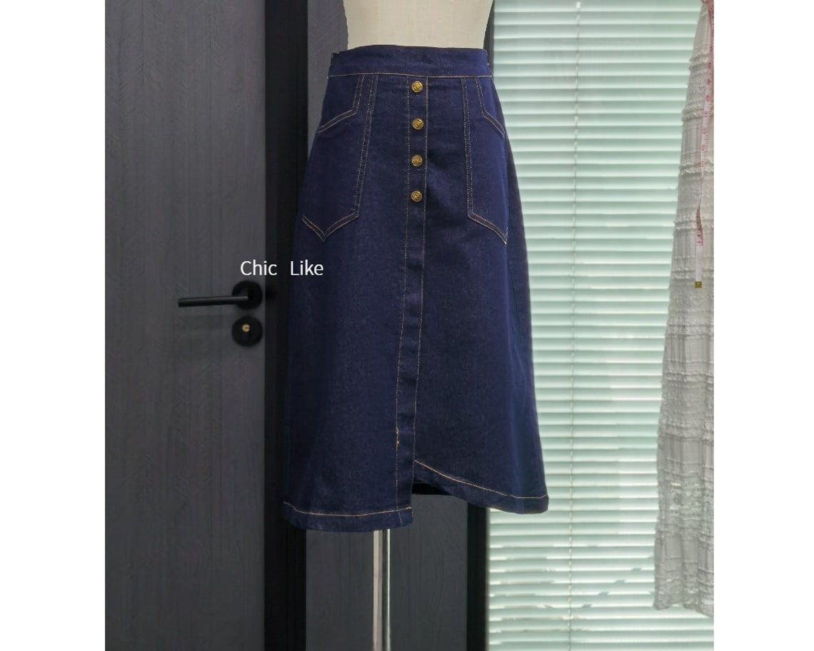 Women's Denim Midi Skirt, Denim Skirt With Pockets, High Waist Denim