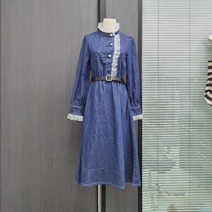 Vestido vaquero midi para mujer, vestido vaquero midi con manga larga, vestido vaquero con bolsillos, vestido vaquero con encaje, talla estadounidense XXS-2XL