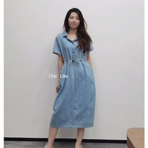 Vestido midi de mezclilla para mujer, vestido camisero con bolsillo, vestido midi de manga corta, vestido midi con cuello, vestido midi de mezclilla con cintura elástica, talla S-2XL de EE. UU.
