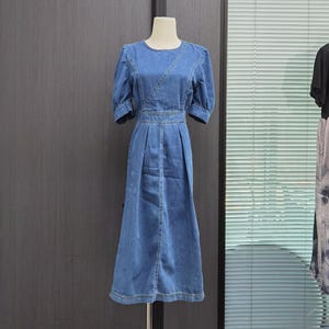Vestido vaquero para mujer, vestido vintage de cintura alta por debajo de la rodilla, diseño de cuello redondo con mangas abullonadas, vestido azul, vestido vaquero por debajo de la rodilla, talla estadounidense XXS-XL