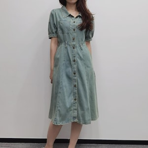 Vestido midi de mezclilla para mujer, vestido midi con bolsillos, vestido de mezclilla de manga corta, vestido de mezclilla con botones delanteros, vestido midi de cintura alta, tallas S-1XL (EE. UU.)