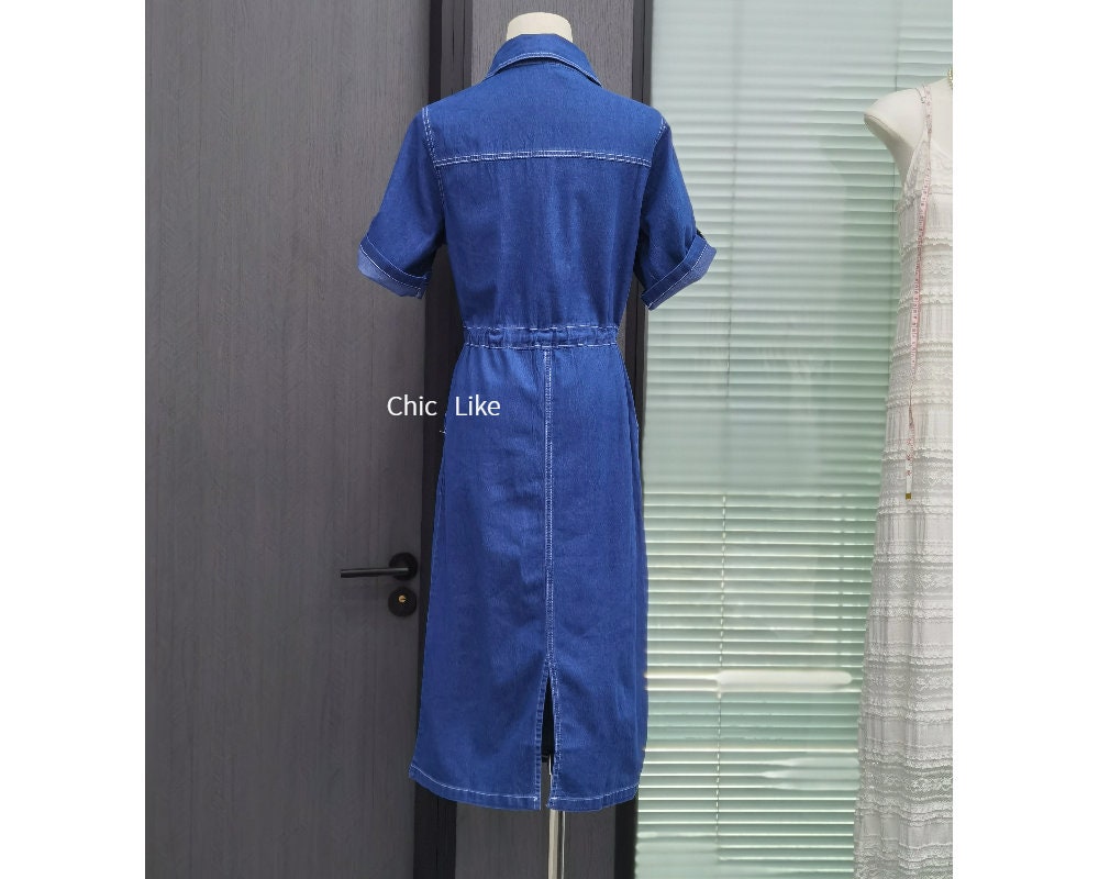 denim dress with elastic waist Denim Tiered Maxi Dress