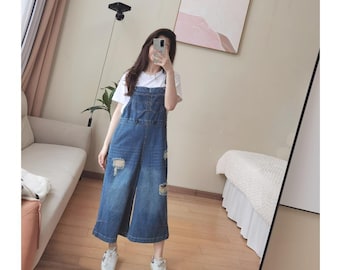 Peto culotte vaquero rasgado, cintura elástica en la parte trasera, peto culotte de pierna ancha y corta para uso diario, talla estadounidense XXS-L